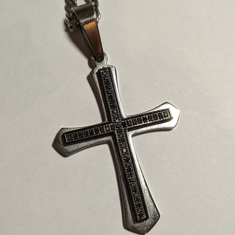 Stainless steel cross black diamonds with 24 inch chain